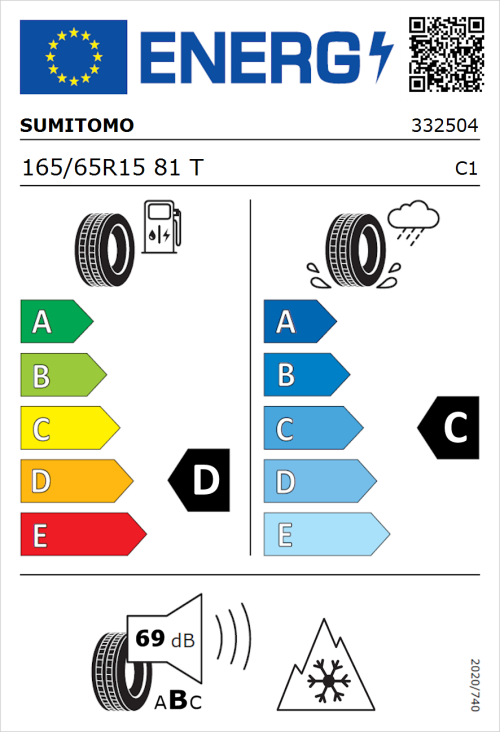 Tyre Label for Sumitomo WT200 165/65R15 81T