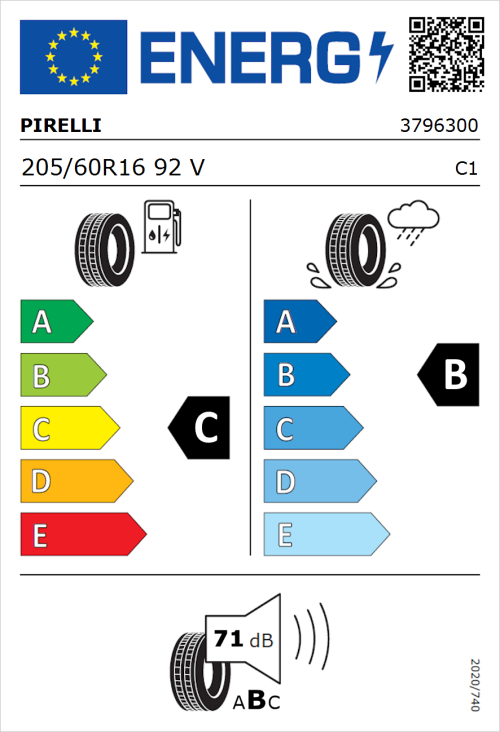 Tyre Label for Pirelli Cinturato P7 (P7C2) 205/60R16 92V