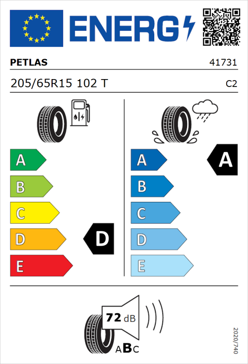 Tyre Label for Petlas Full Power PT825 205/65R15 102T