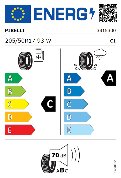 Tyre Label for Pirelli Cinturato P7 (P7C2) 205/50R17 93W